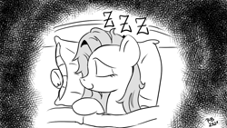 Size: 1200x675 | Tagged: safe, artist:pony-berserker, fluttershy, pony, pony-berserker's twitter sketches, g4, bed, black and white, blanket, bust, eyes closed, female, halftone, hatching (technique), mare, monochrome, onomatopoeia, pillow, profile, sleeping, smiling, solo, sound effects, zzz