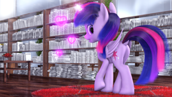 Size: 2560x1440 | Tagged: safe, artist:thelunagames, twilight sparkle, alicorn, pony, g4, 3d, book, bookshelf, cinema4d, female, folded wings, glowing horn, heart, horn, looking back, magic, mare, solo, twilight sparkle (alicorn), wings