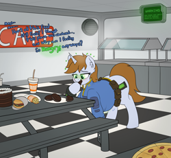 Size: 4000x3684 | Tagged: safe, artist:czu, part of a set, oc, oc only, oc:littlepip, pony, unicorn, fallout equestria, belly, burger, cake, commission, dialogue, donut, ear fluff, eating, fat, fatlout equestria, female, fetish, food, french fries, hamburger, hypnosis, mare, not so little pip, part of a series, pizza, solo, stomach noise, tech control, this will end in weight gain, whataburger