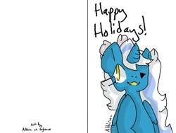 Size: 960x720 | Tagged: safe, artist:aibiru, oc, oc only, oc:fleurbelle, alicorn, pony, alicorn oc, bow, female, hair bow, happy holidays, horn, mare, one eye closed, simple background, solo, white background, wings, wink, yellow eyes