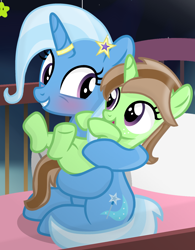 Size: 1200x1540 | Tagged: safe, artist:grapefruitface1, trixie, oc, oc:limey lulamoon, pony, unicorn, g4, base used, duo, female, filly, freckles, hairpin, horn, horn ring, hug, jewelry, like mother like daughter, like parent like child, looking at each other, mother and child, mother and daughter, offspring, older, older trixie, parent:oc:grapefruit face, parent:trixie, parents:canon x oc, parents:grapexie, ring, show accurate, simple background, transparent background, wedding ring