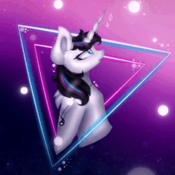 Size: 640x640 | Tagged: safe, artist:rxndxm.artist, oc, oc only, oc:shooting star, pony, unicorn, abstract background, animated, bust, chest fluff, female, horn, jewelry, looking back, looking up, mare, necklace, no sound, solo, unicorn oc, webm