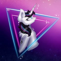 Size: 1080x1080 | Tagged: safe, alternate version, artist:rxndxm.artist, oc, oc only, oc:shooting star, pony, unicorn, abstract background, bust, chest fluff, female, horn, jewelry, looking back, looking up, mare, necklace, solo, unicorn oc