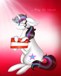 Size: 1080x1350 | Tagged: safe, artist:rxndxm.artist, oc, oc only, oc:shooting star, pony, unicorn, abstract background, crying, female, flag, hoof hold, horn, mare, solo, unicorn oc