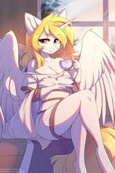 Size: 1992x3000 | Tagged: safe, artist:fensu-san, oc, oc only, oc:kirarane, oc:star nai, alicorn, anthro, adorasexy, bare shoulders, big breasts, breasts, cleavage, clothes, crossed legs, cup, cute, female, horn, looking at you, sexy, solo, teacup, wings