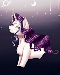 Size: 1080x1350 | Tagged: safe, artist:rxndxm.artist, oc, oc only, pony, unicorn, bedroom eyes, bust, chest fluff, crescent moon, eyelashes, female, gradient background, horn, horn jewelry, jewelry, mare, moon, smiling, solo, stars, unicorn oc