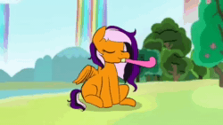 Size: 640x360 | Tagged: safe, artist:rxndxm.artist, oc, oc only, oc:sunrise, pegasus, pony, animated, blinking, female, happy birthday, mare, outdoors, party horn, pegasus oc, rainbow waterfall, solo, sound, tree, webm, wings