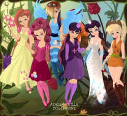 Size: 660x600 | Tagged: safe, artist:annemarie1986, artist:azaleasdolls, applejack, fluttershy, pinkie pie, rainbow dash, rarity, twilight sparkle, fairy, human, equestria girls, g4, apple, barely eqg related, book, boots, clothes, cowboy hat, crossover, disney, disney style, dolldivine, dress, ear piercing, earring, fairies, fairies are magic, fairy wings, fairyized, flower, flower in hair, food, gloves, glowing horn, goggles, hat, high heel boots, high heels, horn, humanized, jewelry, mane six, necklace, piercing, pixie scene maker, shoes, wings