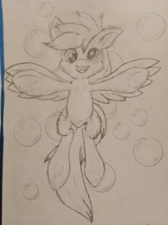 Size: 3016x4032 | Tagged: safe, artist:zeka10000, derpy hooves, g4, alternate hairstyle, bubble, cheek fluff, derp, ear fluff, female, filly, flying, monochrome, open mouth, simple background, sketch, traditional art, wip