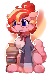 Size: 1739x2789 | Tagged: safe, artist:焰心fireworks, artist:王八盾子, oc, oc only, oc:flame hearts, earth pony, pony, book, cheek fluff, chest fluff, clothes, coffee pot, ear fluff, glasses, mouth hold, pencil, pencil in mouth, simple background, solo, white background
