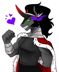 Size: 776x944 | Tagged: safe, artist:redxbacon, king sombra, unicorn, anthro, g4, fangs, grin, heart, simple background, smiling, solo, sombra's cape, sombra's robe, white background