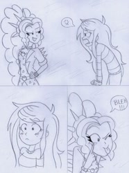 Size: 797x1073 | Tagged: safe, artist:crock2121, adagio dazzle, wallflower blush, equestria girls, equestria girls specials, g4, my little pony equestria girls: better together, my little pony equestria girls: forgotten friendship, blushing, comic, dialogue, dialogue in the description, duo, duo female, female, shrunken pupils, tongue out, traditional art