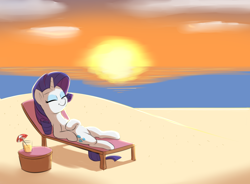Size: 2756x2032 | Tagged: safe, artist:heretichesh, rarity, pony, unicorn, g4, beach, cloud, content, eyes closed, female, happy, high res, hoof on belly, lying down, mare, ocean, on back, reflection, sand, smiling, solo, sunbathing, sunset, umbrella