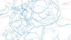 Size: 1106x622 | Tagged: safe, artist:ponyanony, discord, lord tirek, centaur, draconequus, anthro, taur, g4, angry, deltscord, duo, duo male, fight, male, muscles, muscular male, nose piercing, nose ring, piercing, septum piercing, serious, sketch, sparks, vein, wip