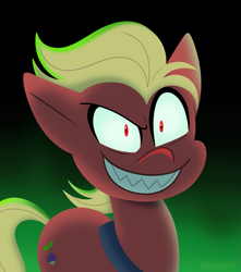 Size: 1951x2210 | Tagged: safe, artist:saveraedae, sprout cloverleaf, earth pony, pony, g5, my little pony: a new generation, spoiler:g5, spoiler:my little pony: a new generation, emperor sprout, evil grin, grin, male, red eyes, sharp teeth, smiling, solo, sproutity, stallion, tail, teeth