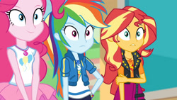 Size: 3410x1920 | Tagged: safe, screencap, pinkie pie, rainbow dash, sunset shimmer, equestria girls, equestria girls specials, g4, my little pony equestria girls: better together, my little pony equestria girls: rollercoaster of friendship, clothes, cutie mark, cutie mark on clothes, female, frown, geode of empathy, geode of sugar bombs, geode of super speed, gritted teeth, high res, hoodie, jacket, jewelry, leather, leather jacket, magical geodes, necklace, smiling, tank top, trio, trio female