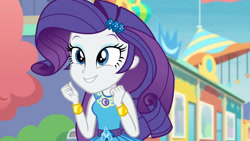 Size: 3410x1920 | Tagged: safe, screencap, rarity, equestria girls, equestria girls series, g4, rollercoaster of friendship, bracelet, clothes, cute, cutie mark, cutie mark on clothes, female, geode of shielding, hairpin, high res, jewelry, magical geodes, raribetes, rarity peplum dress, smiling, solo