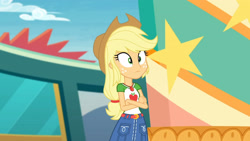 Size: 3410x1920 | Tagged: safe, screencap, applejack, equestria girls, equestria girls specials, g4, my little pony equestria girls: better together, my little pony equestria girls: rollercoaster of friendship, applejack's hat, belt, clothes, cowboy hat, crossed arms, cutie mark, cutie mark on clothes, denim skirt, female, geode of super strength, hat, high res, jewelry, magical geodes, necklace, skirt, solo