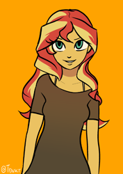Size: 1446x2039 | Tagged: safe, artist:tacoman dusct, sunset shimmer, equestria girls, g4, cute, female, looking at you, orange background, shimmerbetes, simple background, smiling, smiling at you, solo