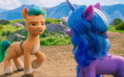 Size: 800x500 | Tagged: safe, screencap, hitch trailblazer, izzy moonbow, earth pony, pony, unicorn, g5, my little pony: a new generation, spoiler:my little pony: a new generation, 3d, animated, cropped, duo, female, gif, male, mare, smiling, stallion