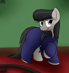 Size: 1503x1584 | Tagged: safe, artist:the-furry-railfan, octavia melody, earth pony, pony, g4, bathrobe, bedroom eyes, clothes, eyebrows, eyebrows visible through hair, hose, indoors, open mouth, open smile, robe, smiling, this will end in balloons