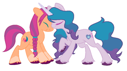 Size: 746x420 | Tagged: safe, artist:beachboysfangirl, izzy moonbow, sunny starscout, earth pony, pony, unicorn, g5, my little pony: a new generation, spoiler:my little pony: a new generation, backwards cutie mark, braid, coat markings, colored hooves, cute, duo, eyes closed, female, izzybetes, lesbian, mare, nuzzling, ship:moonscout, shipping, socks (coat markings), sunnybetes, unshorn fetlocks