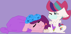 Size: 439x212 | Tagged: safe, artist:jadeharmony, pipp petals, zipp storm, pegasus, pony, g5, my little pony: a new generation, backwards thermometer, blanket, duo, eyes closed, female, mask, royal sisters (g5), siblings, sick, sister, sisters, thermometer