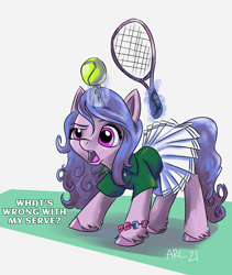 Size: 3300x3908 | Tagged: safe, artist:lytlethelemur, izzy moonbow, pony, unicorn, g5, ball, clothes, dialogue, female, high res, horn, horn guard, horn impalement, hornball, izzy's tennis ball, magic, mare, open mouth, shirt, signature, skirt, solo, sports, telekinesis, tennis, tennis ball, tennis racket, unshorn fetlocks