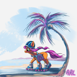 Size: 2154x2144 | Tagged: safe, artist:lytlethelemur, sunny starscout, earth pony, pony, g5, my little pony: a new generation, spoiler:my little pony: a new generation, beach, helmet, high res, palm tree, roller skates, rollerblades, skating, tree