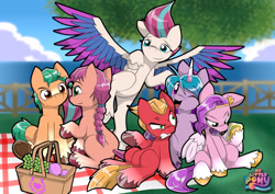 Size: 1280x905 | Tagged: safe, artist:jonathantaniuchi, hitch trailblazer, izzy moonbow, pipp petals, sprout cloverleaf, sunny starscout, zipp storm, earth pony, pegasus, pony, unicorn, g5, my little pony: a new generation, angry, basket, blaze (coat marking), braid, cellphone, cloud, coat markings, cross-popping veins, eye contact, facial markings, female, fence, flying, food, grapes, gritted teeth, herbivore, horn, looking at each other, looking at you, male, mane five (g5), mare, missing cutie mark, new mane six (g5), one eye closed, open mouth, phone, picnic, picnic basket, raised eyebrow, raised hoof, sitting, smiling, socks (coat markings), sprout is not amused, stallion, tree, unamused, underhoof, unshorn fetlocks, water, wings, wink