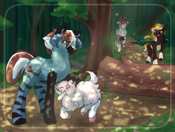 Size: 1192x900 | Tagged: safe, artist:paisleyperson, oc, oc only, oc:sledder, bat pony, deer, earth pony, hybrid, pony, sheep, zony, angry, antlers, butt fluff, cheek fluff, chest fluff, confused, dappled sunlight, ear fluff, eyes closed, fallen tree, floppy ears, fluffy, forest, frown, glare, leg fluff, lidded eyes, nature, neck fluff, raised hoof, shoulder fluff, spread wings, wings