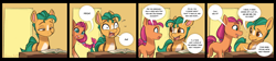 Size: 3338x751 | Tagged: safe, artist:siroc, hitch trailblazer, sunny starscout, earth pony, pony, g5, my little pony: a new generation, spoiler:my little pony: a new generation, 4 panel comic, book, colored pupils, comic, dialogue, eye contact, female, frown, implied onlyfans, implied pipp petals, implied pitch, implied porn, lidded eyes, looking at each other, male, mare, nervous, open mouth, reading, smiling, speech bubble, stallion, surprised, sweat, sweatdrop, sweatdrops, wide eyes