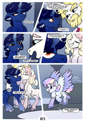 Size: 2100x3000 | Tagged: safe, artist:loryska, prince blueblood, oc, oc:indigo sky, oc:ipomoea (loryska), oc:marshmallow kiss, pegasus, pony, unicorn, comic:friendship grows, g4, female, filly, high res, magical lesbian spawn, offspring, older, parent:trixie, parent:twilight sparkle, parents:twixie