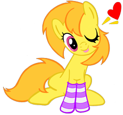 Size: 2396x2247 | Tagged: safe, artist:telasra, oc, oc only, oc:sunshine, earth pony, pony, clothes, earth pony oc, heart, high res, one eye closed, simple background, smiling, socks, solo, striped socks, transparent background, wink
