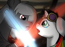 Size: 1100x800 | Tagged: safe, artist:tranzmuteproductions, oc, oc only, oc:lightning bliss, oc:tranzmute, alicorn, bat pony, pony, alicorn oc, bat pony oc, crying, duo, female, goggles, horn, lightsaber, male, mare, open mouth, stallion, star wars, weapon, wings
