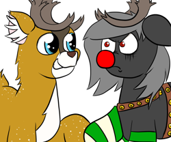Size: 1100x914 | Tagged: safe, artist:tranzmuteproductions, oc, oc only, oc:tranzmute, oc:tyandaga, bat pony, deer, pony, reindeer, antlers, bat pony oc, clothes, duo, frown, grin, harness, male, red nose, simple background, smiling, socks, stallion, striped socks, tack, white background