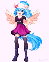 Size: 2632x3333 | Tagged: safe, artist:airiniblock, oc, oc only, pegasus, anthro, unguligrade anthro, rcf community, anthro oc, boots, cheek fluff, clothes, dress, ear fluff, eye clipping through hair, female, hat, high res, looking at you, pegasus oc, shoes, simple background, smiling, smiling at you, solo, spread wings, white background, wings
