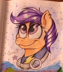 Size: 842x960 | Tagged: safe, artist:milledpurple, scootaloo, pegasus, pony, g4, bust, clothes, cute, ear piercing, earring, eyelashes, female, filly, goggles, jewelry, piercing, signature, smiling, solo, traditional art, uniform, wonderbolts uniform