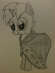 Size: 1536x2048 | Tagged: safe, artist:zombietator, oc, oc only, pony, unicorn, cloak, clothes, eyelashes, female, horn, lineart, mare, smiling, solo, traditional art, unicorn oc