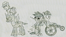 Size: 1066x596 | Tagged: safe, artist:zombietator, oc, oc only, changeling, pony, :o, changeling oc, clothes, hat, lineart, looking back, open mouth, scarf, traditional art, wheelchair, wide eyes