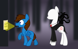 Size: 2536x1610 | Tagged: safe, artist:zombietator, oc, oc only, pegasus, pony, clothes, crossover, dead tree, duo, flashlight (object), forest, male, mouth hold, necktie, outdoors, pegasus oc, raised hoof, sign, slenderpony, stallion, suit, tentacles, tree, wings