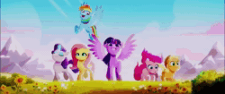 Size: 1920x804 | Tagged: safe, ai assisted, ai content, edit, fifteen.ai, screencap, sound edit, applejack, fluttershy, pinkie pie, rainbow dash, rarity, twilight sparkle, alicorn, earth pony, pegasus, pony, unicorn, g5, my little pony: a new generation, spoiler:my little pony: a new generation, 3d, animated, evil rarity, female, mane six, mare, possessed, prologue, sound, sproutity, start of ponies, webm