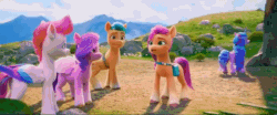 Size: 800x333 | Tagged: safe, edit, edited screencap, screencap, hitch trailblazer, izzy moonbow, pipp petals, sunny starscout, zipp storm, earth pony, pegasus, pony, unicorn, g5, my little pony: a new generation, spoiler:my little pony: a new generation, 3d, animated, bisexual, female, lesbian, lesbian in front of boys, male, mane five, mare, polyamory, shipping, stallion, straight, sunny gets all the mares, sunnyhitch, sunnypipp, sunnyzipp, wide eyes