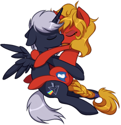 Size: 872x896 | Tagged: safe, artist:unichan, oc, oc:quantum flash, oc:steel prism, alicorn, pony, unicorn, alicorn oc, base used, commission, duo, embrace, eyes closed, female, horn, kiss on the lips, kissing, making out, male, rule 63, simple background, stallion, transparent background, wings, ych result