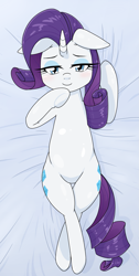 Size: 1125x2224 | Tagged: safe, artist:batipin, rarity, pony, unicorn, g4, bed sheet, blushing, floppy ears, lidded eyes, looking at you, lying down, on back, solo