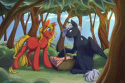 Size: 2153x1431 | Tagged: safe, artist:moontwinkle, oc, oc:quantum flash, oc:steel prism, alicorn, pony, unicorn, alicorn oc, commission, female, forest, horn, male, mare, picnic, stallion, wings