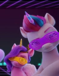 Size: 408x524 | Tagged: safe, artist:jonny burton, screencap, pipp petals, zipp storm, g5, my little pony: a new generation, 3d, cropped, fake horn, female, glasses, royal sisters (g5), siblings, sisters