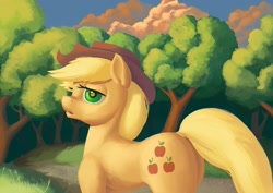 Size: 1754x1240 | Tagged: safe, artist:escapist, applejack, earth pony, pony, g4, applebutt, applejack's hat, butt, cowboy hat, dock, forest, hat, lidded eyes, missing freckles, plot, scenery, solo, tail