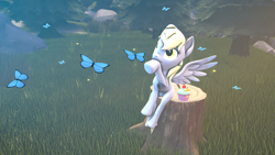 Size: 1920x1080 | Tagged: safe, artist:bronydj, derpy hooves, butterfly, pegasus, pony, g4, 3d, forest, grass, solo, source filmmaker, tree stump