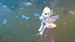 Size: 1920x1080 | Tagged: safe, artist:bronydj, derpy hooves, butterfly, pegasus, pony, g4, 3d, forest, grass, solo, source filmmaker, tree stump